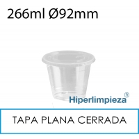 1000 vasos 266 ml + tapas planas cerradas PET 92 mm