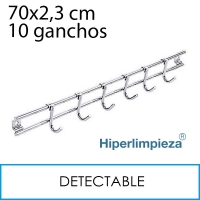 Riel con 10 ganchos detectable acero inox 70x2,3cm