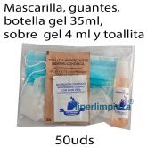 50 kits mascarilla + guantes + toallita + gel 39ml